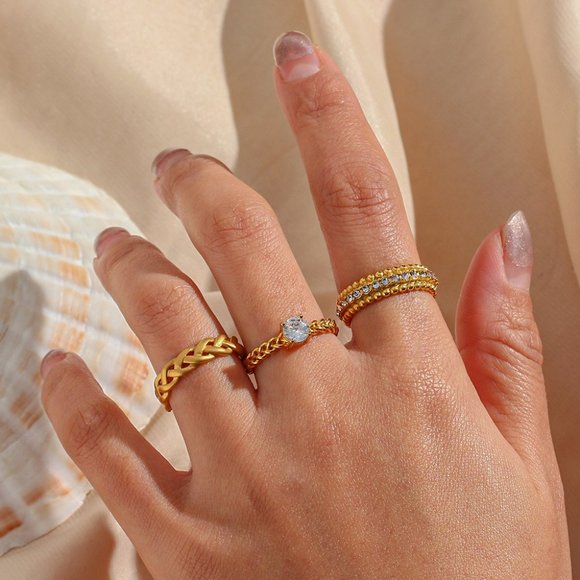 18K Gold Plated‎ Beaded Zircon Eternity Ring Stainless Steel - Picture 7 of 8